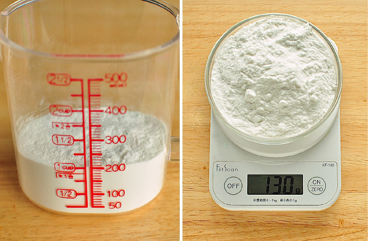 米粉の計量カップ1杯(200cc)は「約130g」